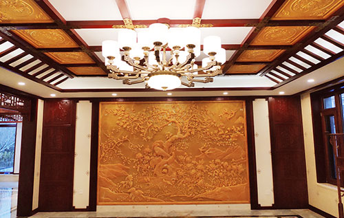 衡水中式别墅客厅中式木作横梁吊顶装饰展示